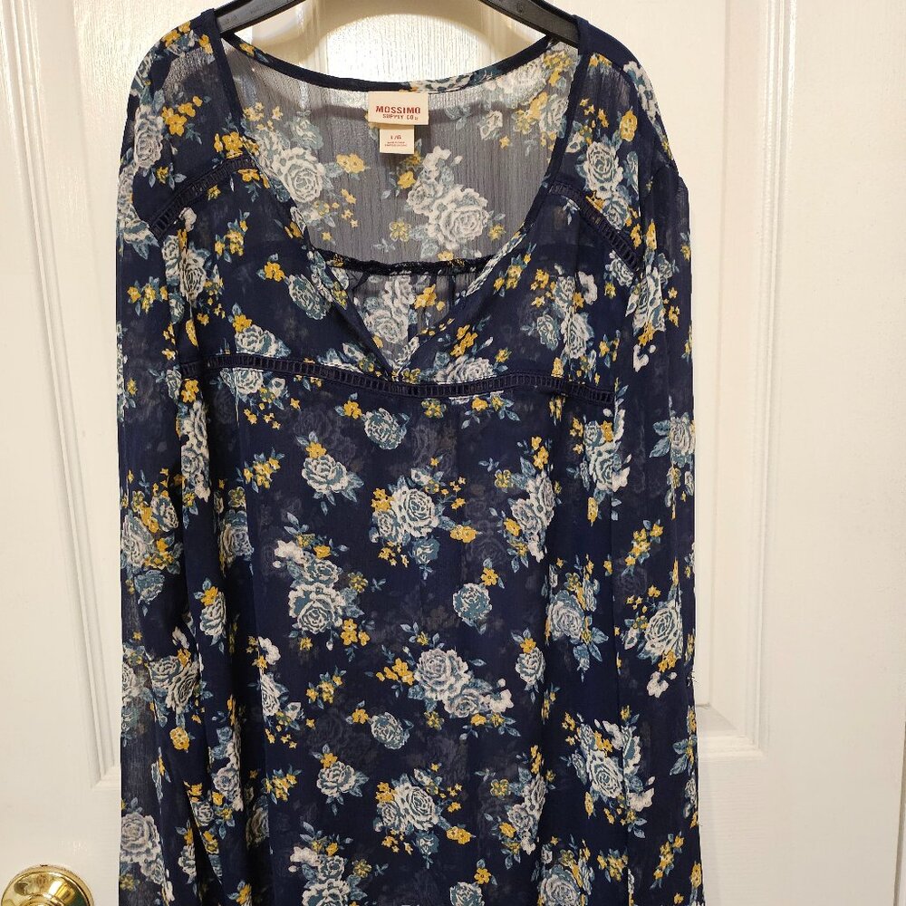 Mossimo Women’s Floral Tunic Top L Sheer Navy Blue Long Sleeve Boho Style